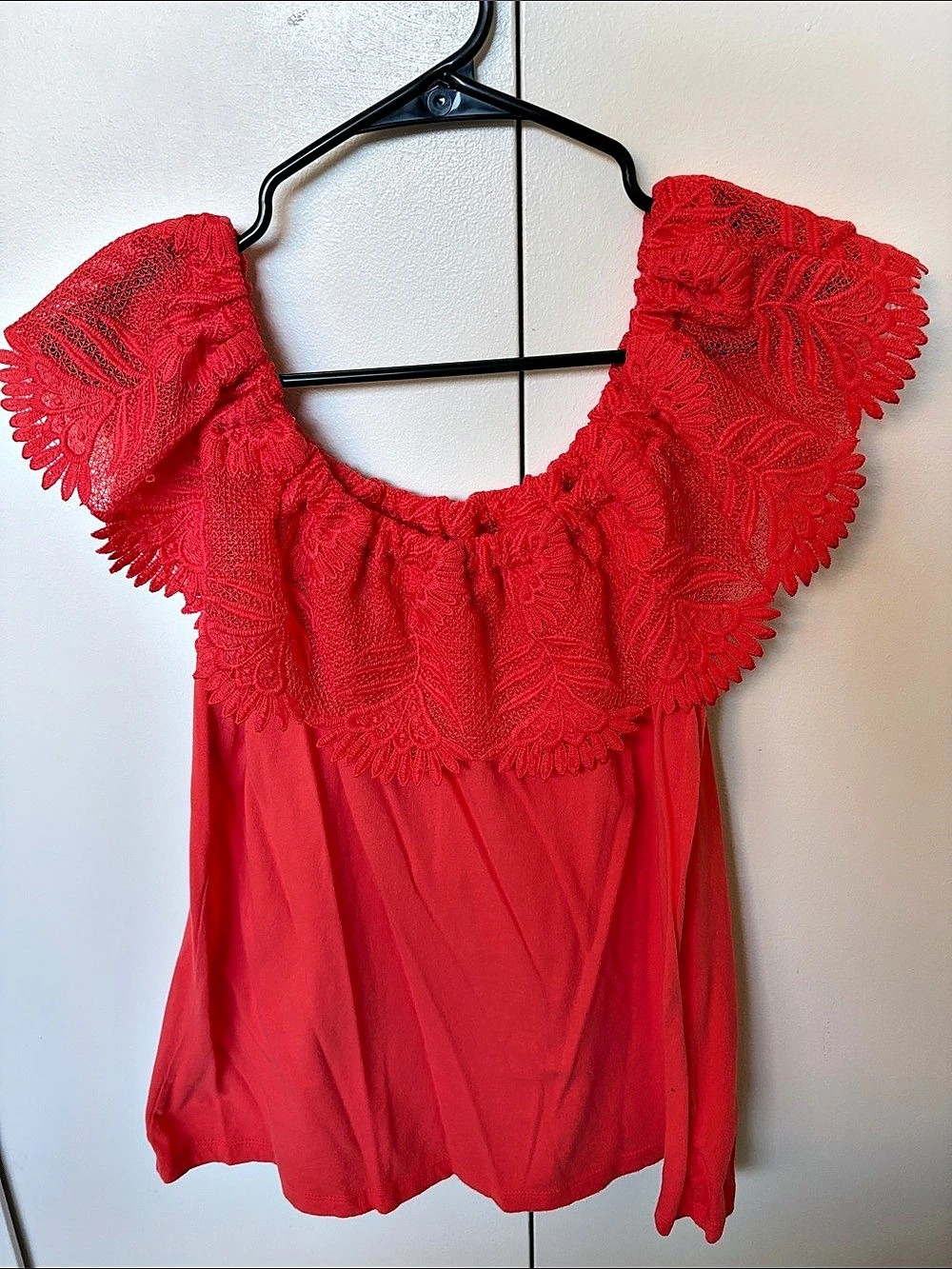 Red Crochet Trim Blouse Like New